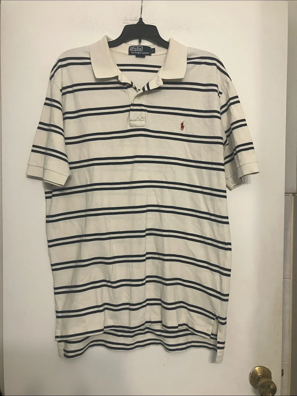 vintage Polo Ralph Lauren white+ blue horizontal stripes and horse logo Large